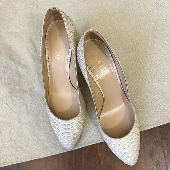 M. GEMI Lustro Snakeskin Pointed Toe Pump Heels Cream Leather - Picture 4 of 14